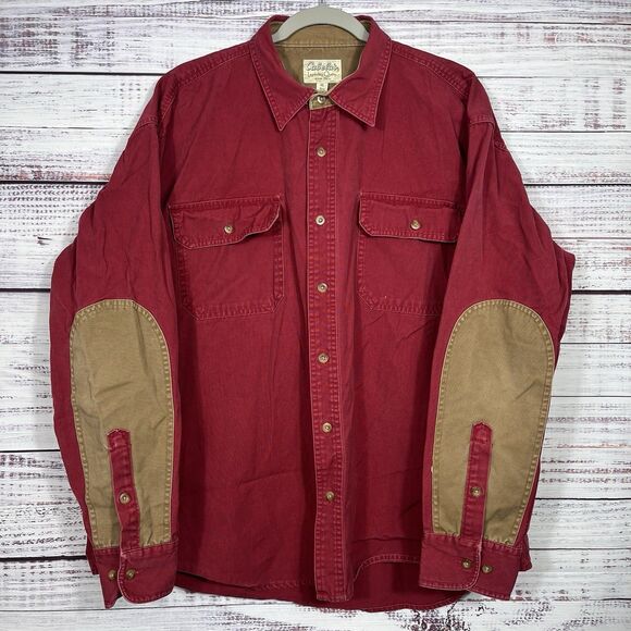 CABELAS Shirt Mens XL Twill Button Up Work Shooting Elbow Patch Cotton Chore Red - Picture 1 of 12